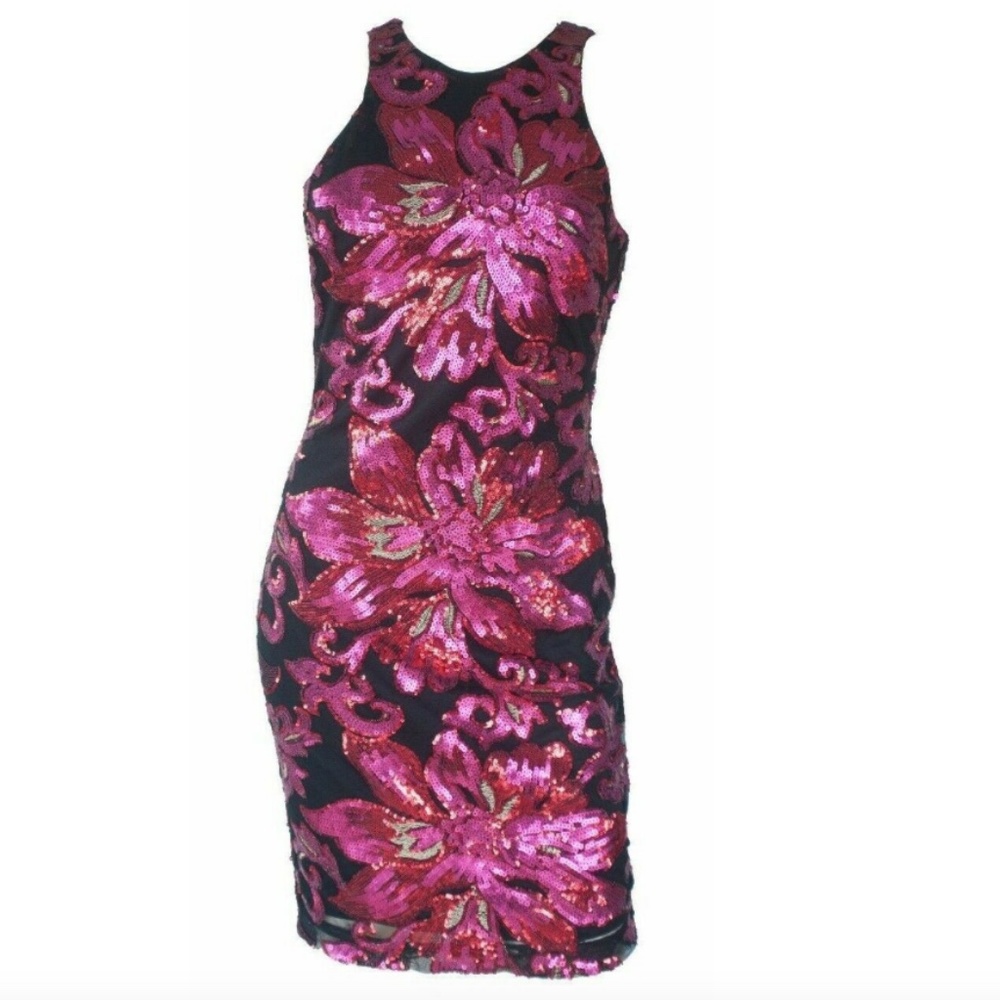 CACHE Black Pink Sequin High Neck Cocktail Dress